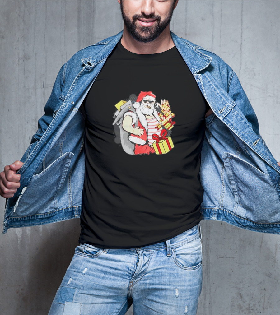 Santa Claus Cool Sunglasses Carrying Christmas Gifts T-Shirt