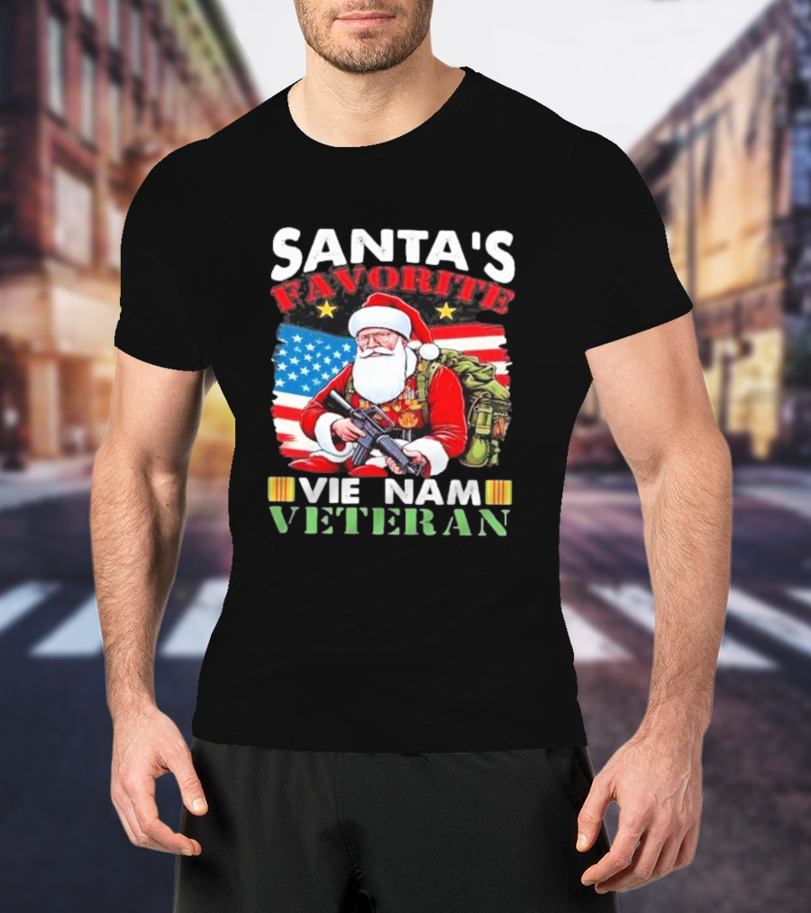 Santa's Favorite Vietnam Veteran With American Flag And Santa Claus Holding Military Gear T-Shirt