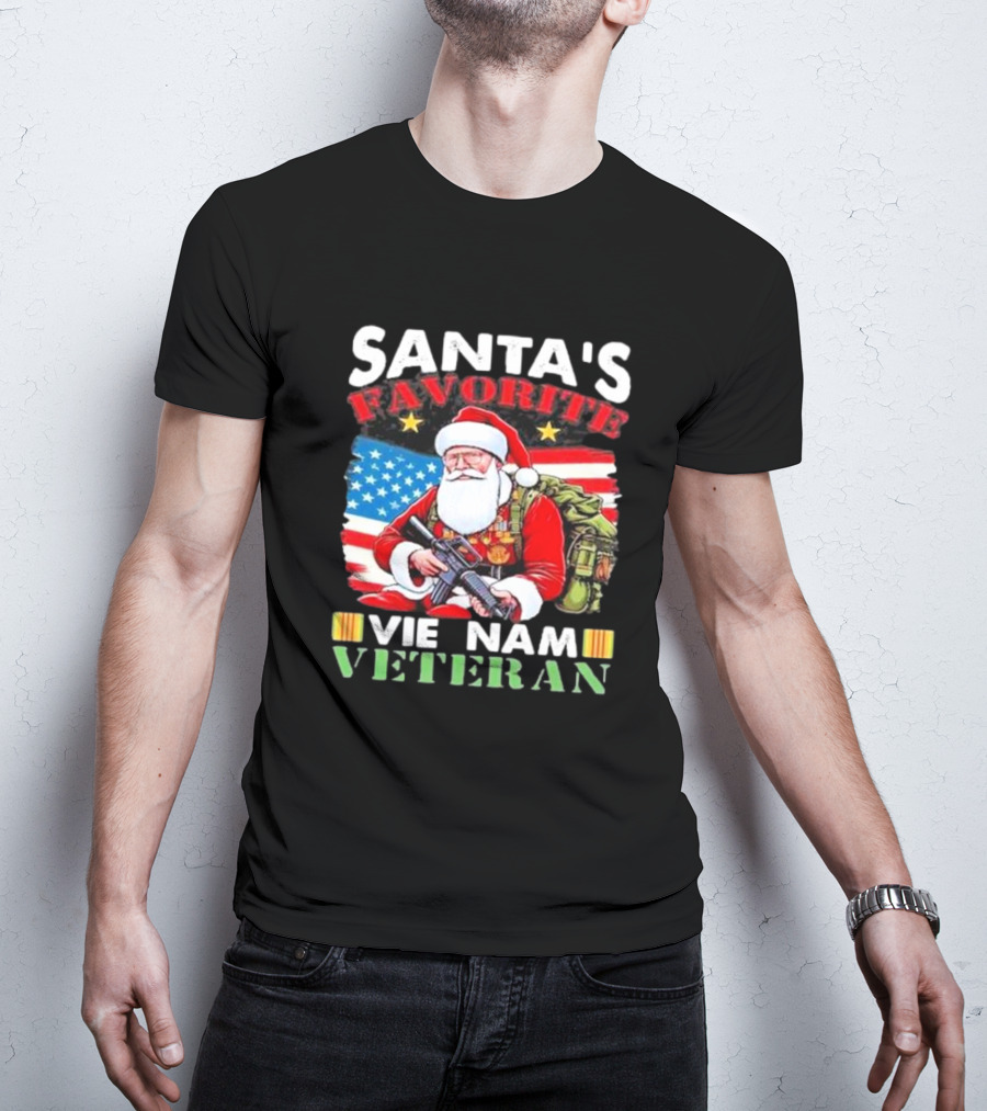 Santa's Favorite Vietnam Veteran With American Flag And Santa Claus Holding Military Gear T-Shirt