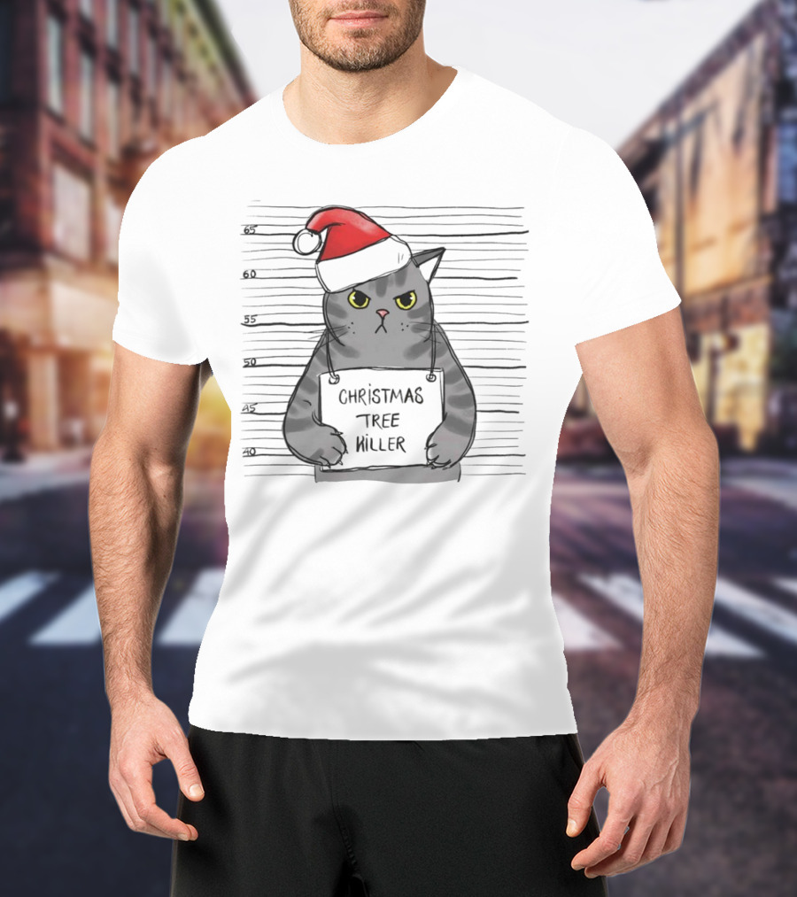 Grumpy Festive Cat With Santa Hat And Mischievous Look T-Shirt