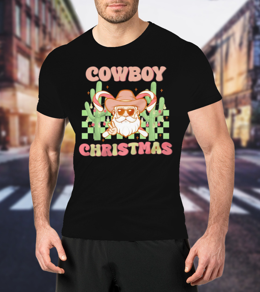 Cowboy Christmas Santa With Candy Cane And Cactus T-Shirt