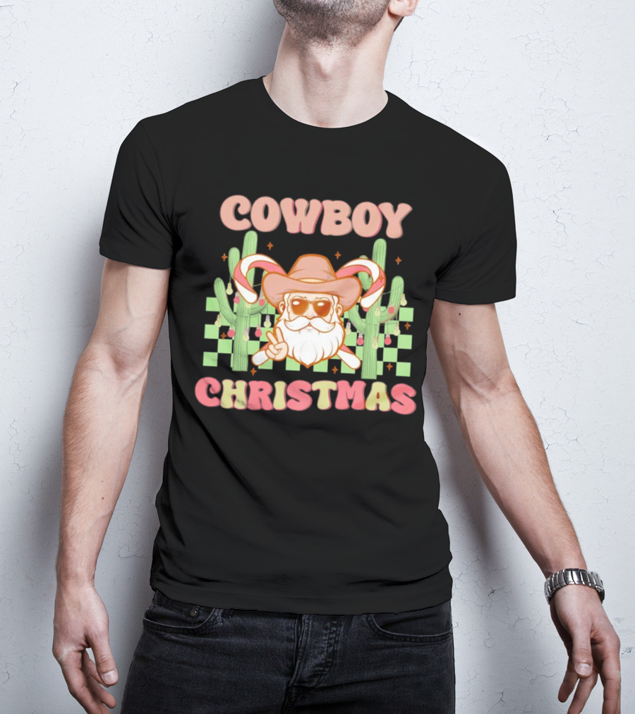 Cowboy Christmas Santa With Candy Cane And Cactus T-Shirt