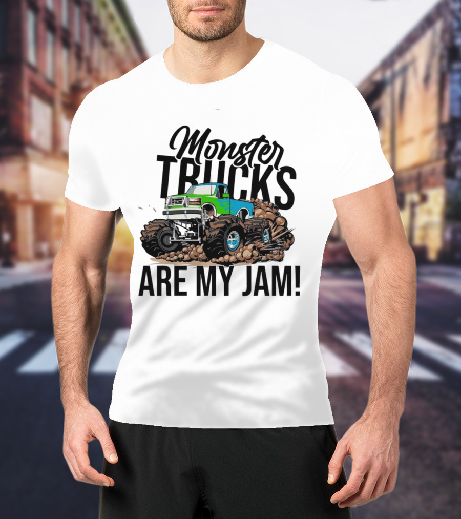 Monster Trucks Are My Jam Off-Road Adventure With Green And Blue Truck T-Shirt
