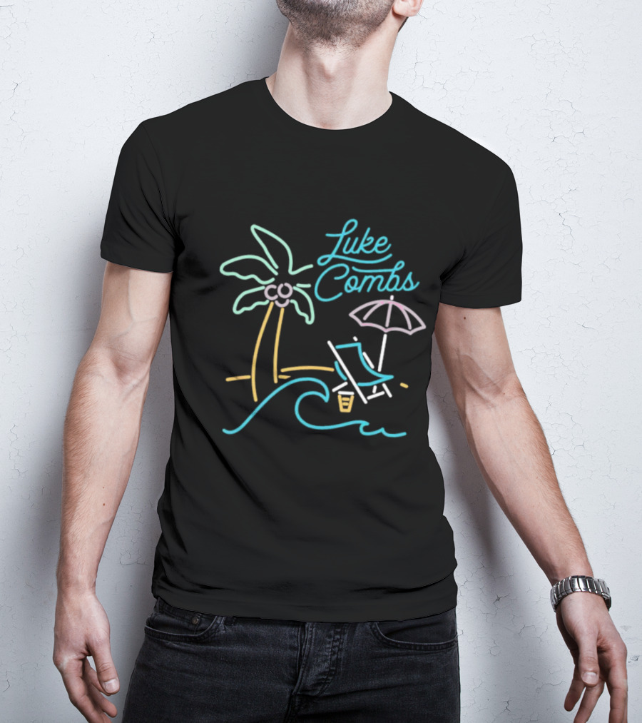 Luke Combs Neon Palm Tree Beach Scene With Umbrella And Chair T-Shirt