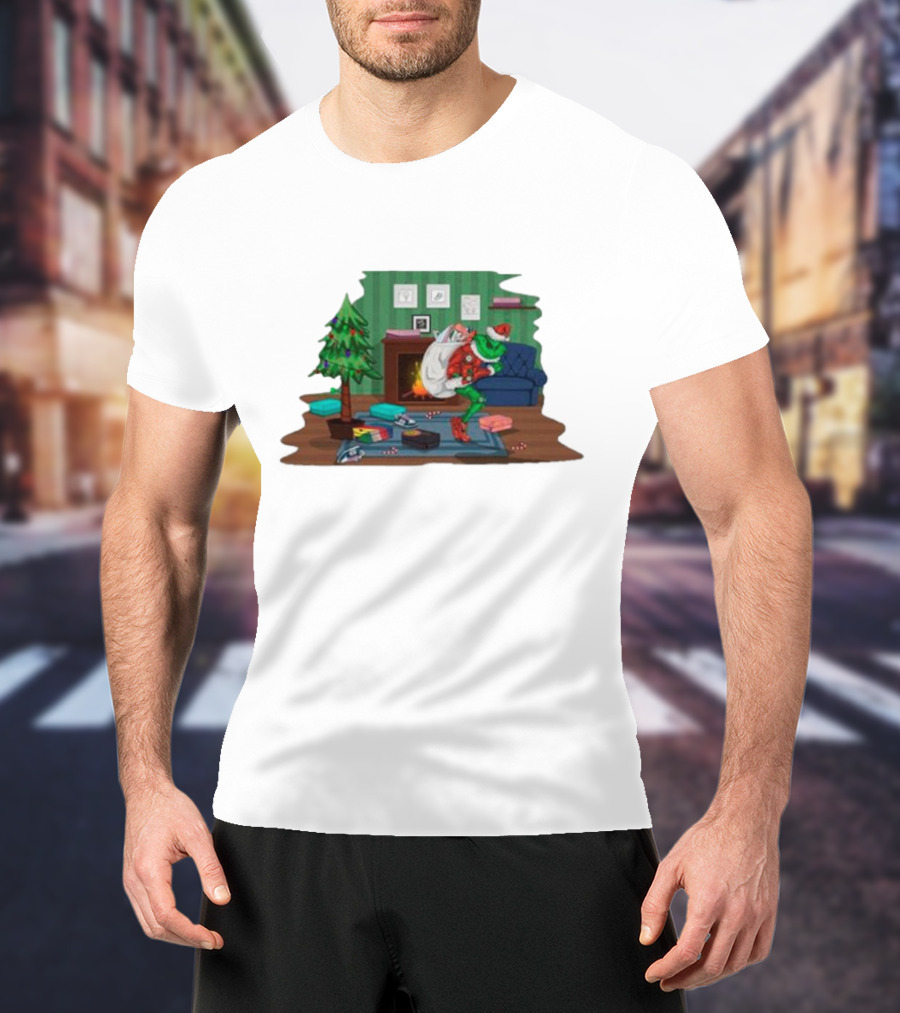 Grinch In Santa Outfit Stealing Presents By The Christmas Tree T-Shirt