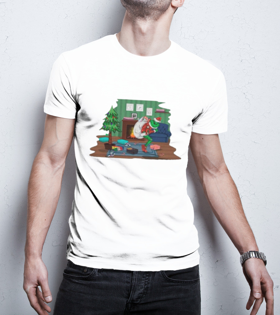 Grinch In Santa Outfit Stealing Presents By The Christmas Tree T-Shirt