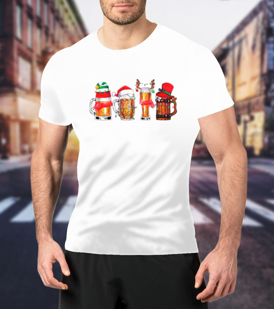 Christmas Beer Mugs Santa Hat And Holiday Decorations T-Shirt