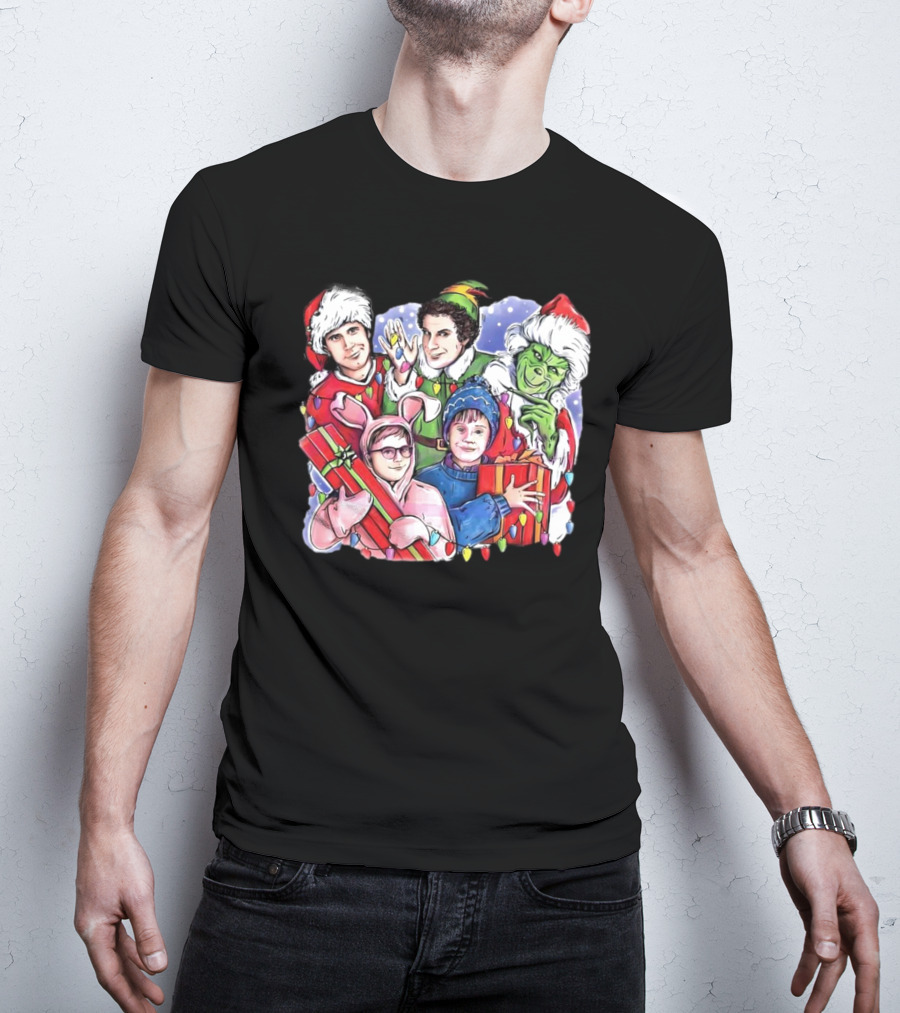 Christmas Friends Movie Character Santa Elf Grinch Pink Bunny T-Shirt