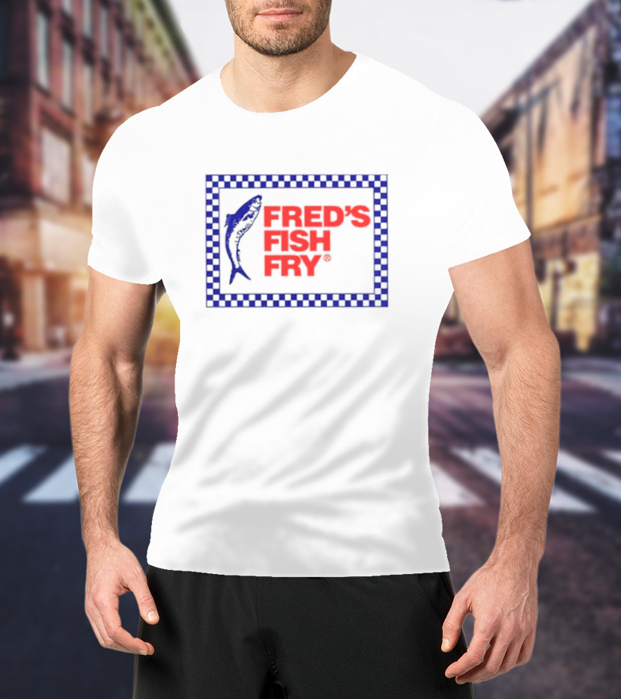 Fred’s Fish Fry Red And Blue Checkered Border With Fish T-Shirt