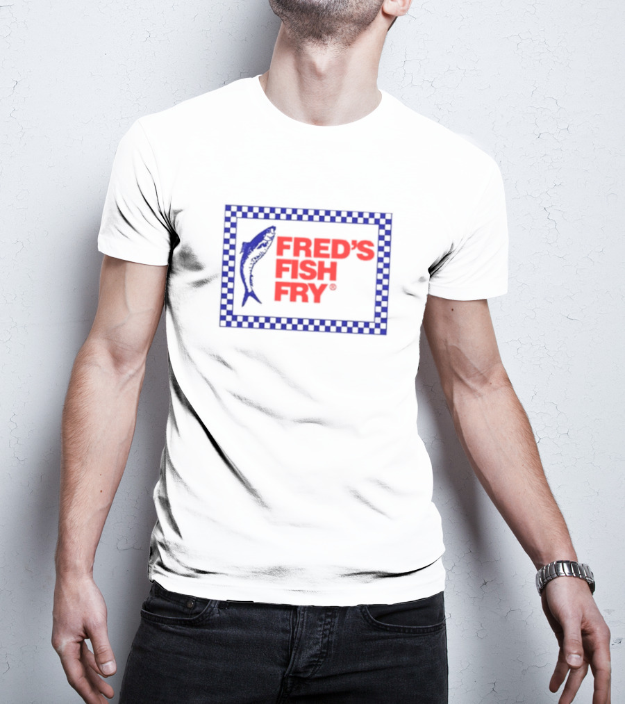 Fred’s Fish Fry Red And Blue Checkered Border With Fish T-Shirt