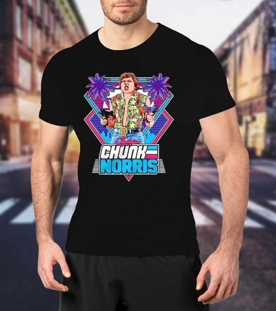 Captain Chunk Norris Retro Miami Vice Styled Character With Dual Pistols And Neon Palm Trees T-Shirt