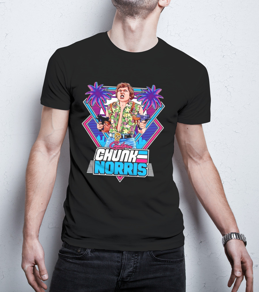 Captain Chunk Norris Retro Miami Vice Styled Character With Dual Pistols And Neon Palm Trees T-Shirt