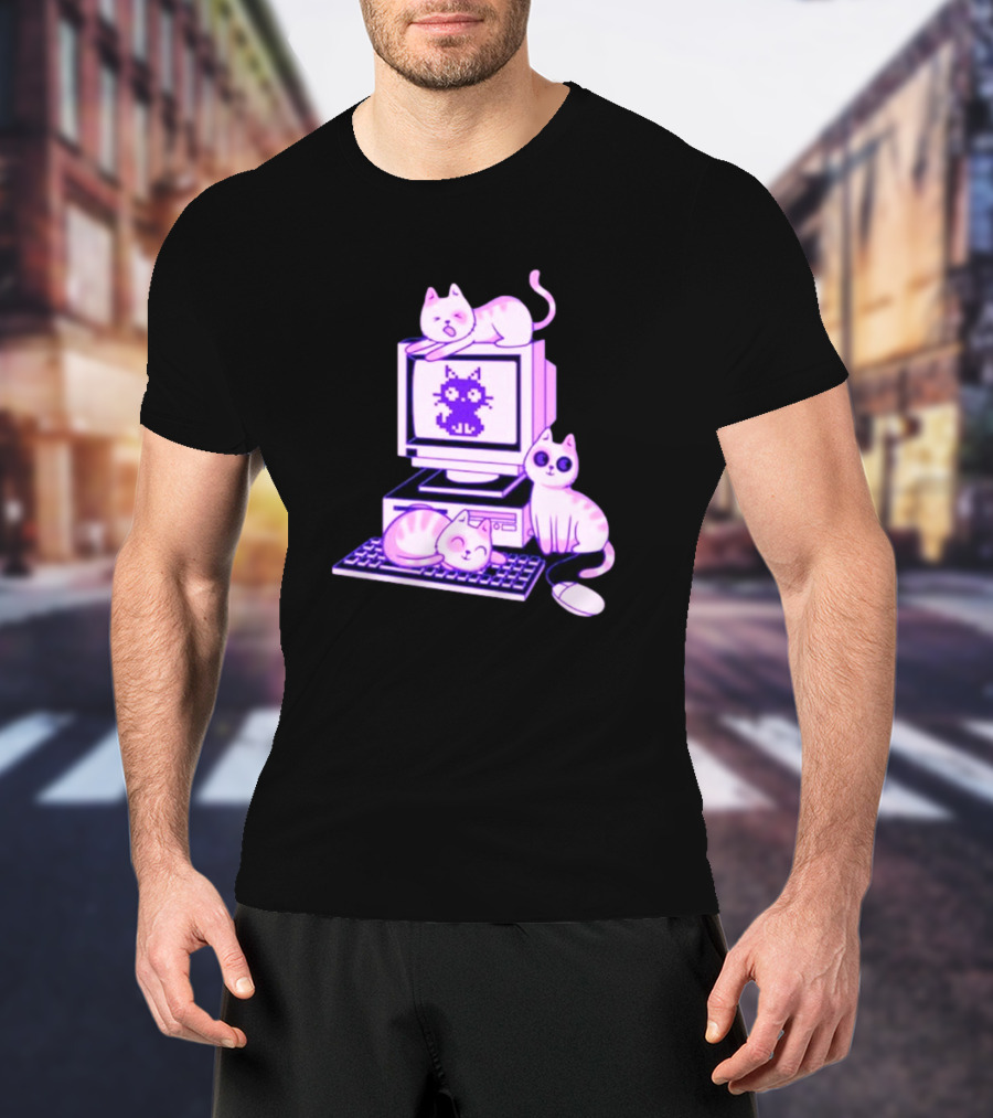 Cats Over Retro Computer With Pixel Art Cat On Screen T-Shirt