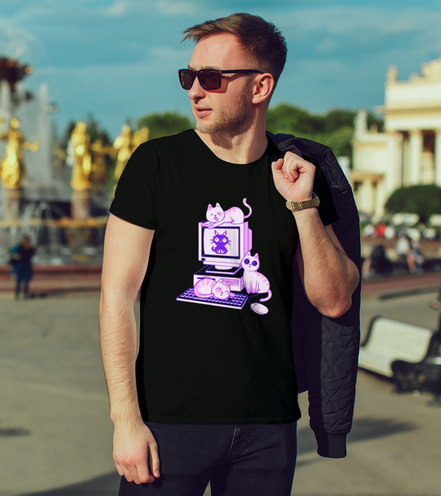 Cats Over Retro Computer With Pixel Art Cat On Screen T-Shirt