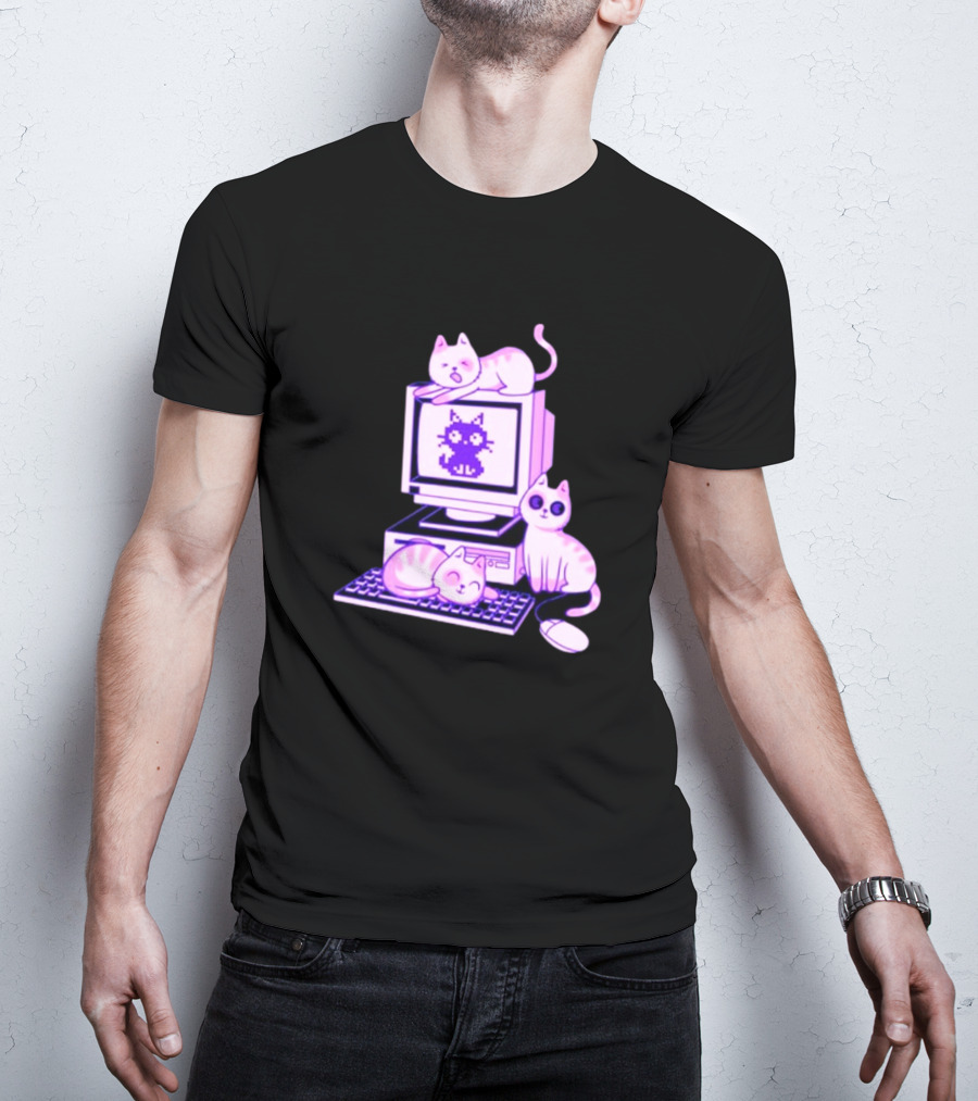Cats Over Retro Computer With Pixel Art Cat On Screen T-Shirt