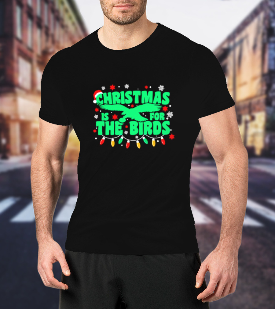 Christmas Is For The Birds Festive Holiday Lights Snowflakes Santa Hat T-Shirt