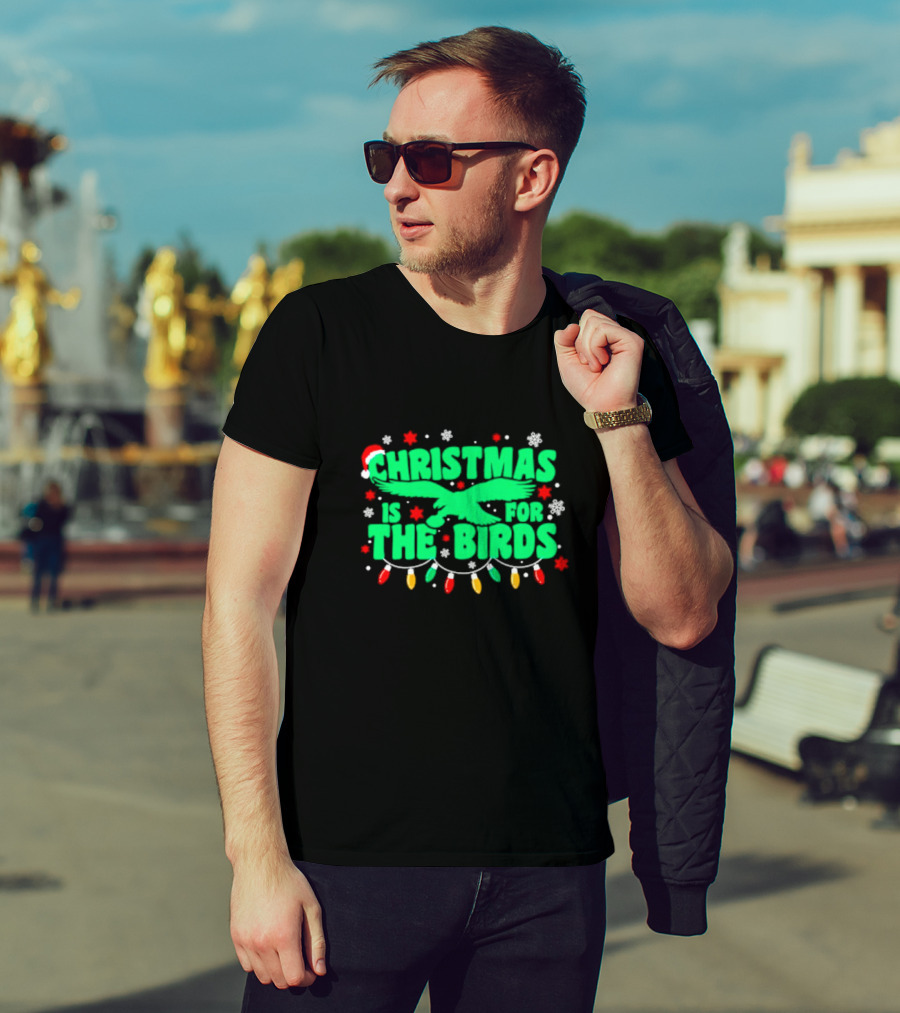 Christmas Is For The Birds Festive Holiday Lights Snowflakes Santa Hat T-Shirt