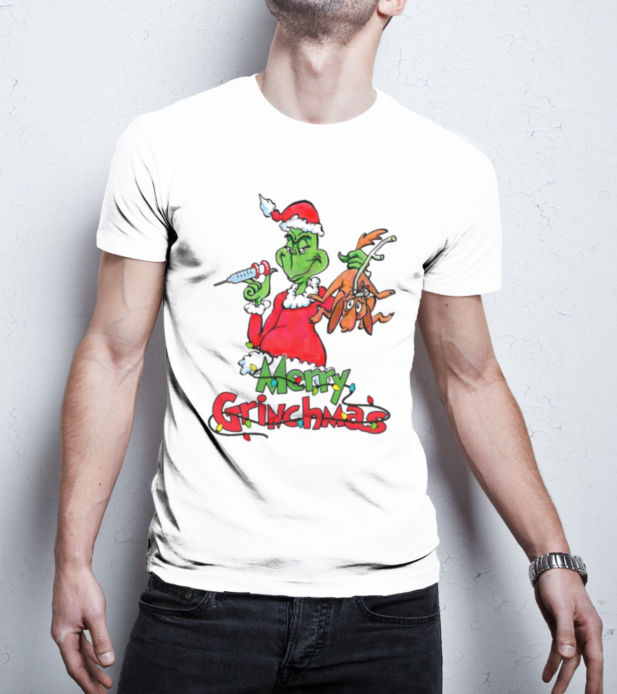 Merry Grinchmas Nurse Christmas Grinch With Syringe And Reindeer Dog T-Shirt