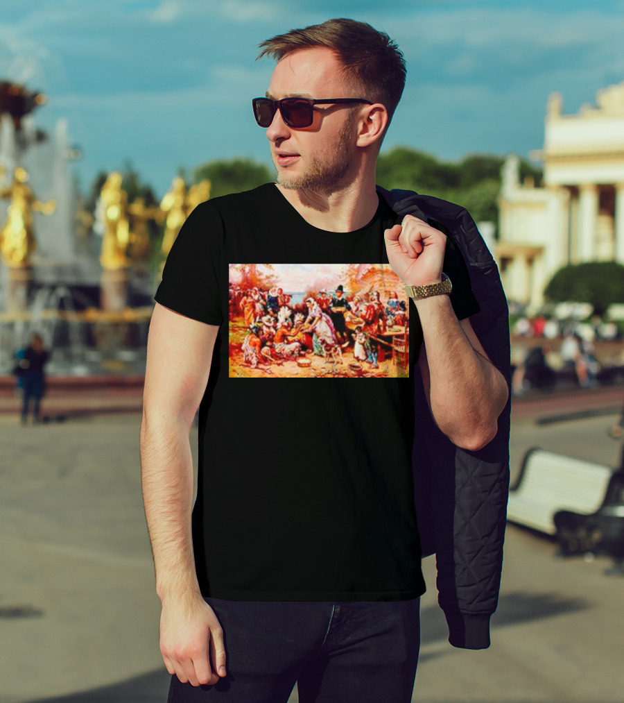 The First Thanksgiving 1621 Pilgrims And Native Americans Harvest Feast T-Shirt