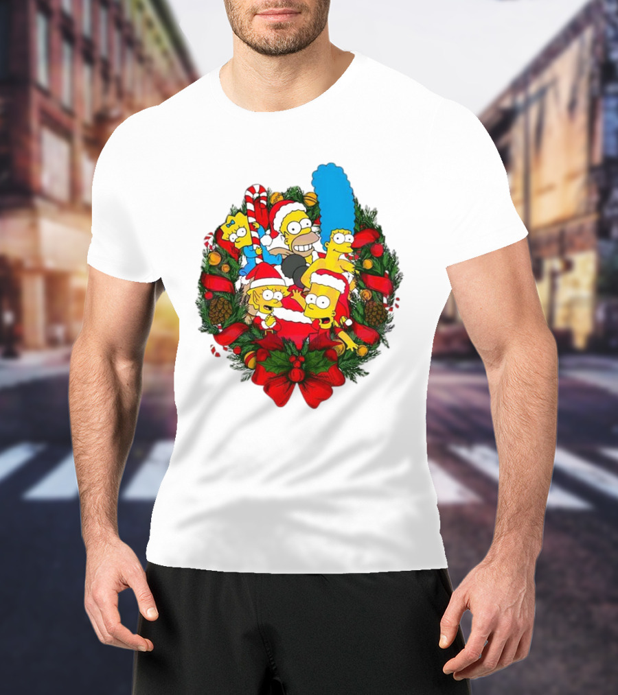 The Simpsons Holiday Wreath With Santa Hats And Candy Canes T-Shirt