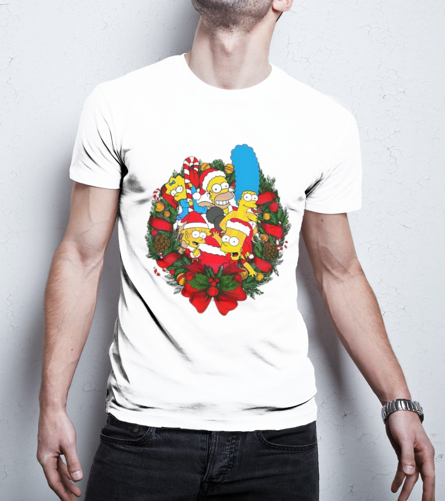 The Simpsons Holiday Wreath With Santa Hats And Candy Canes T-Shirt