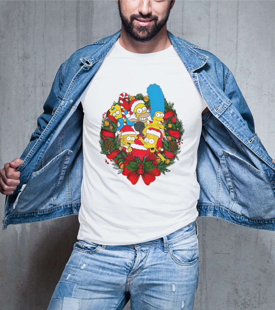 The Simpsons Holiday Wreath With Santa Hats And Candy Canes T-Shirt