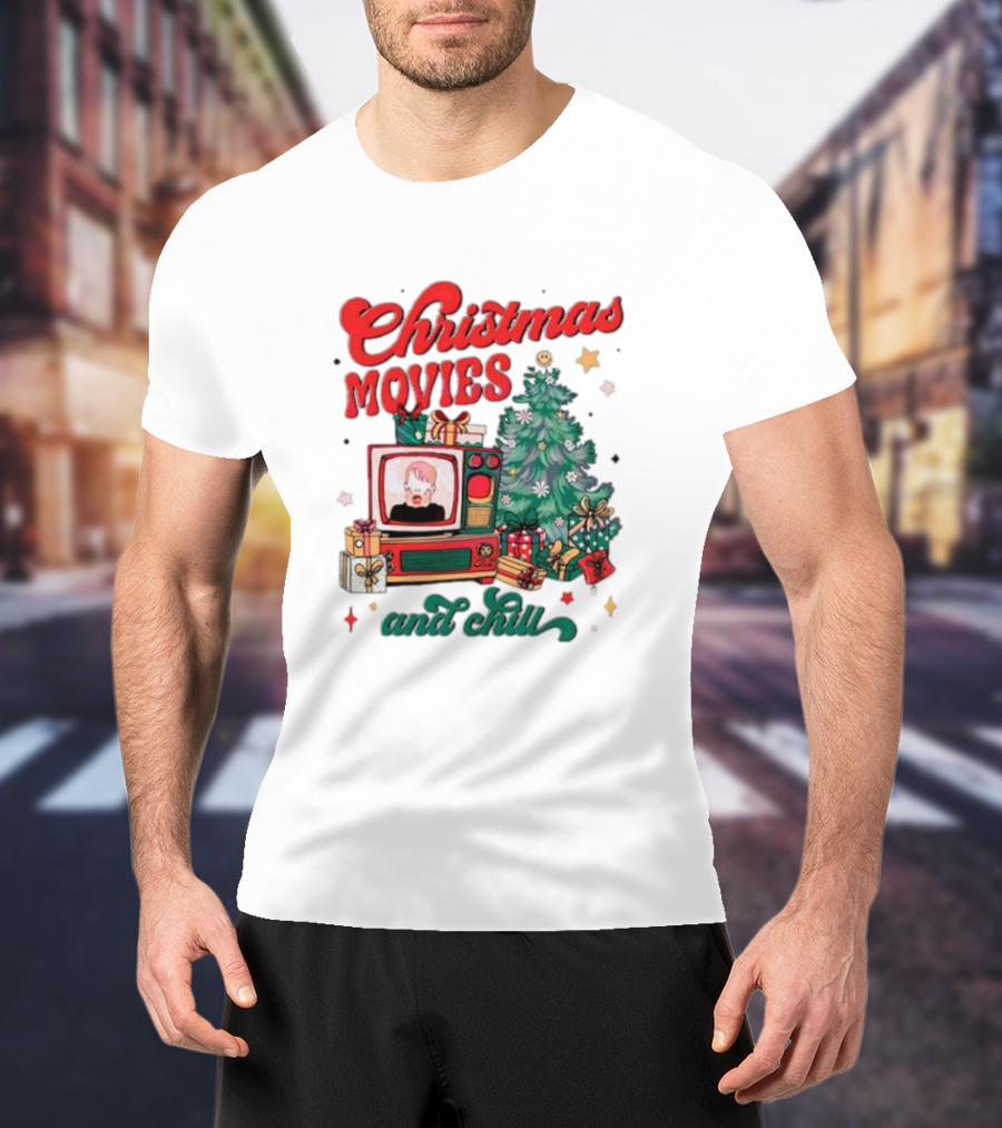 Christmas Movies And Chill Retro TV Christmas Tree Presents T-Shirt