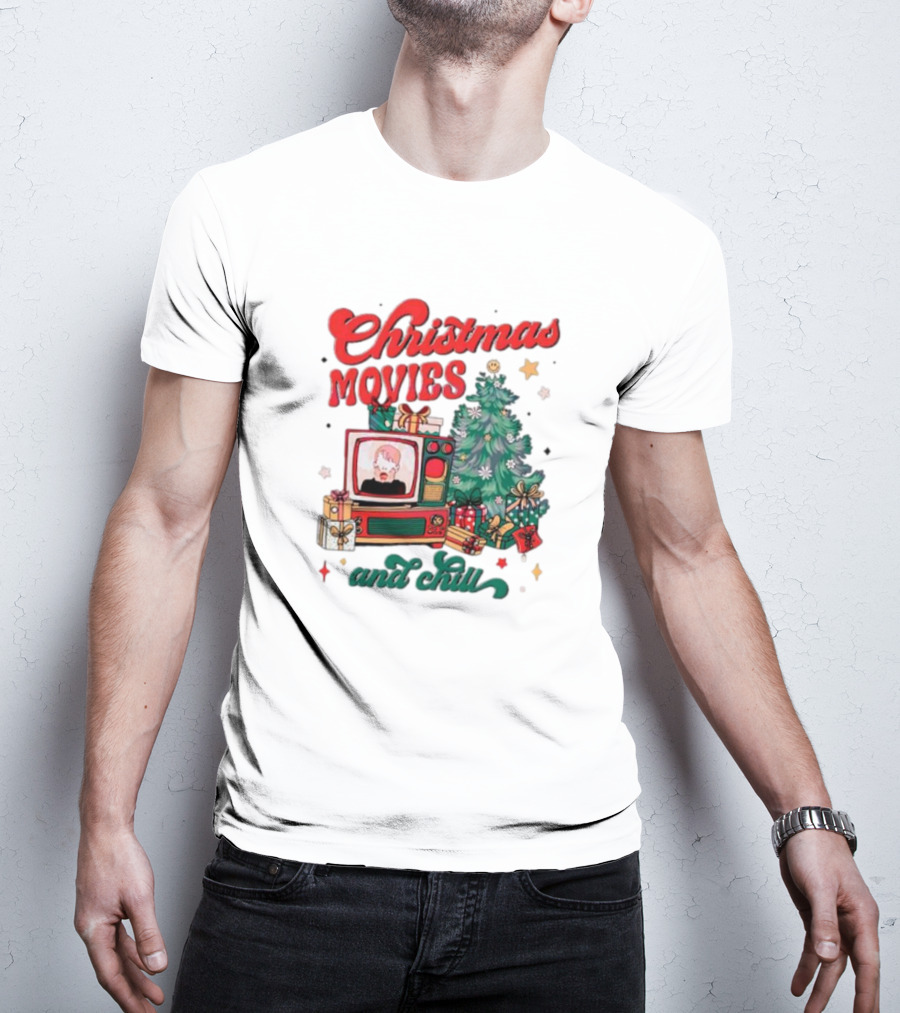 Christmas Movies And Chill Retro TV Christmas Tree Presents T-Shirt