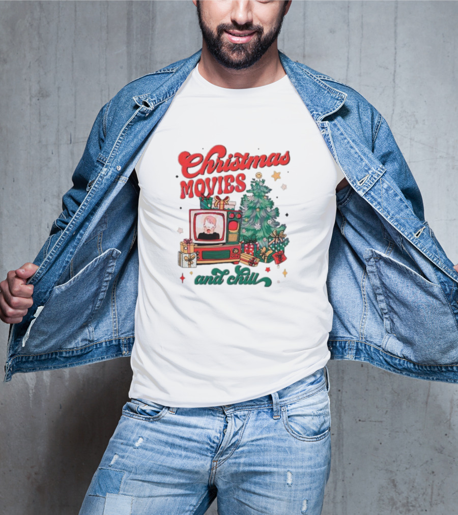 Christmas Movies And Chill Retro TV Christmas Tree Presents T-Shirt