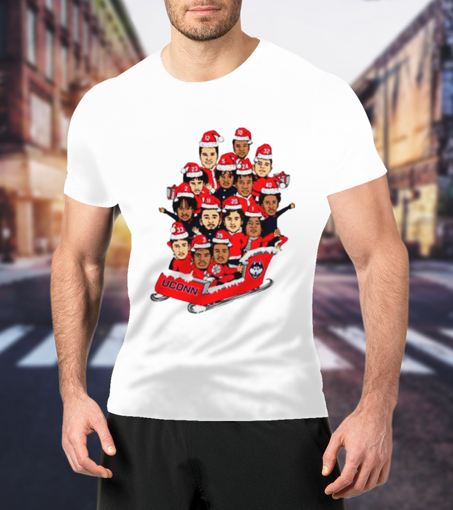 UConn Huskies Christmas Cartoon Sled Team Santa Hats T-Shirt