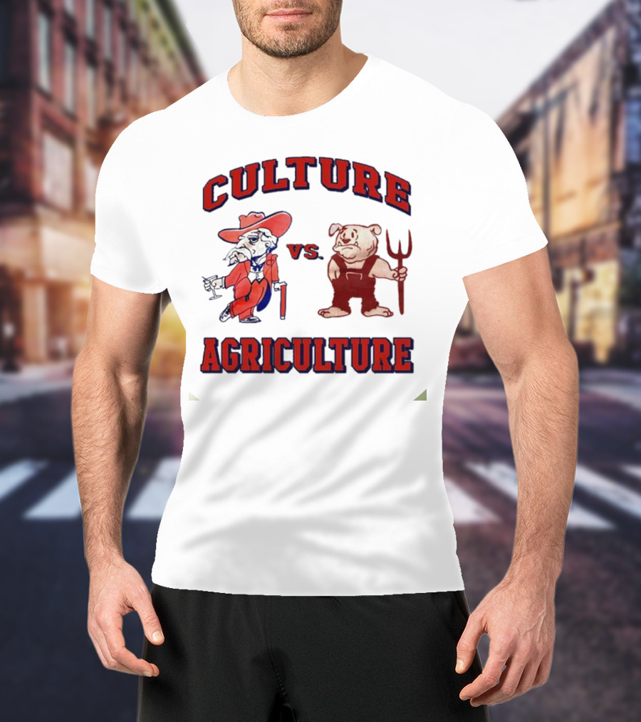CULTURE VS AGRICULTURE CARTOON RED HAT AND PITCHFORK CHARACTERS T-Shirt