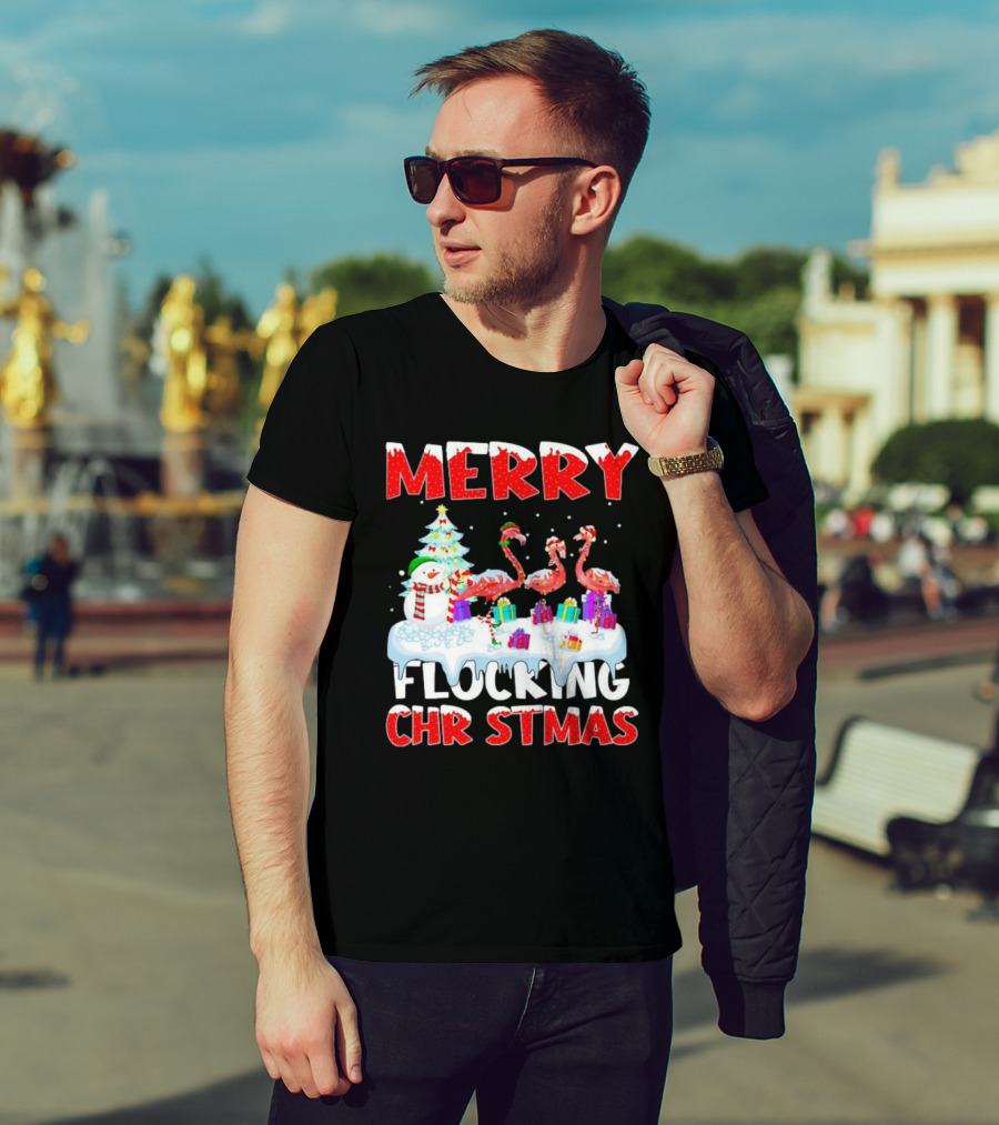 Merry Flocking Christmas Flamingo And Snowman Festive T-Shirt