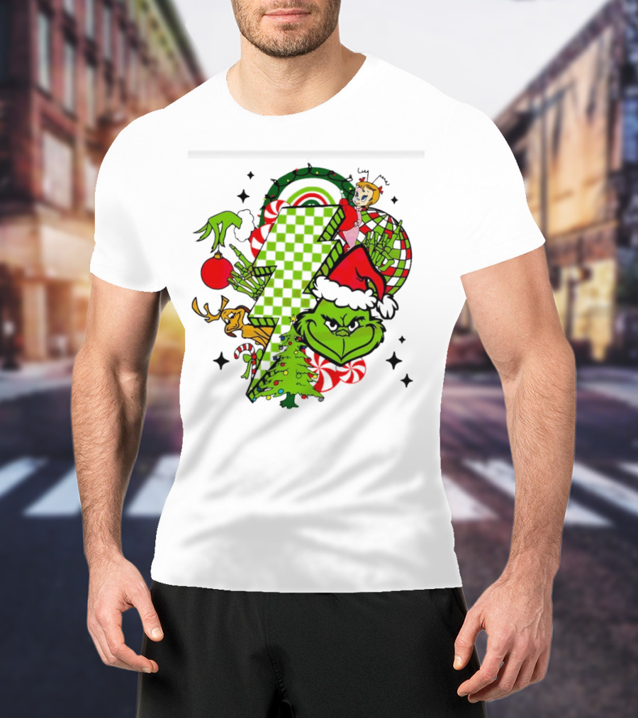 Grinch Christmas Checkered Lightning Bolt With Friends And Festive Decorations T-Shirt