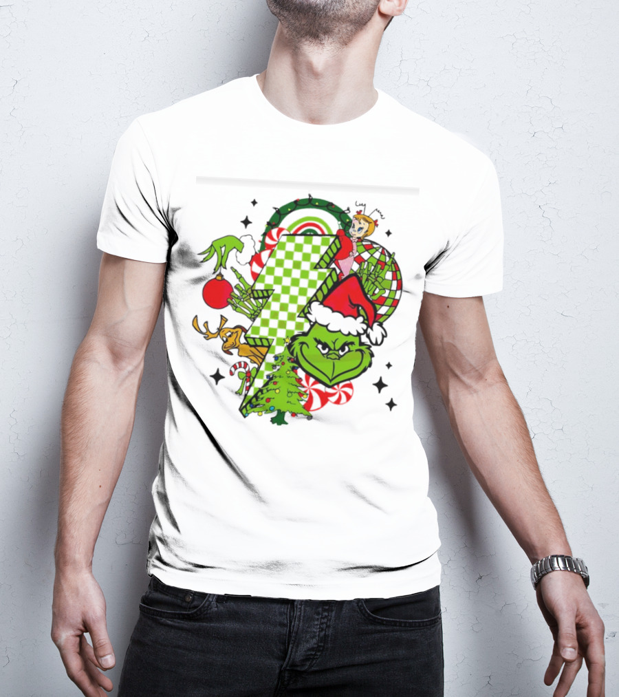 Grinch Christmas Checkered Lightning Bolt With Friends And Festive Decorations T-Shirt