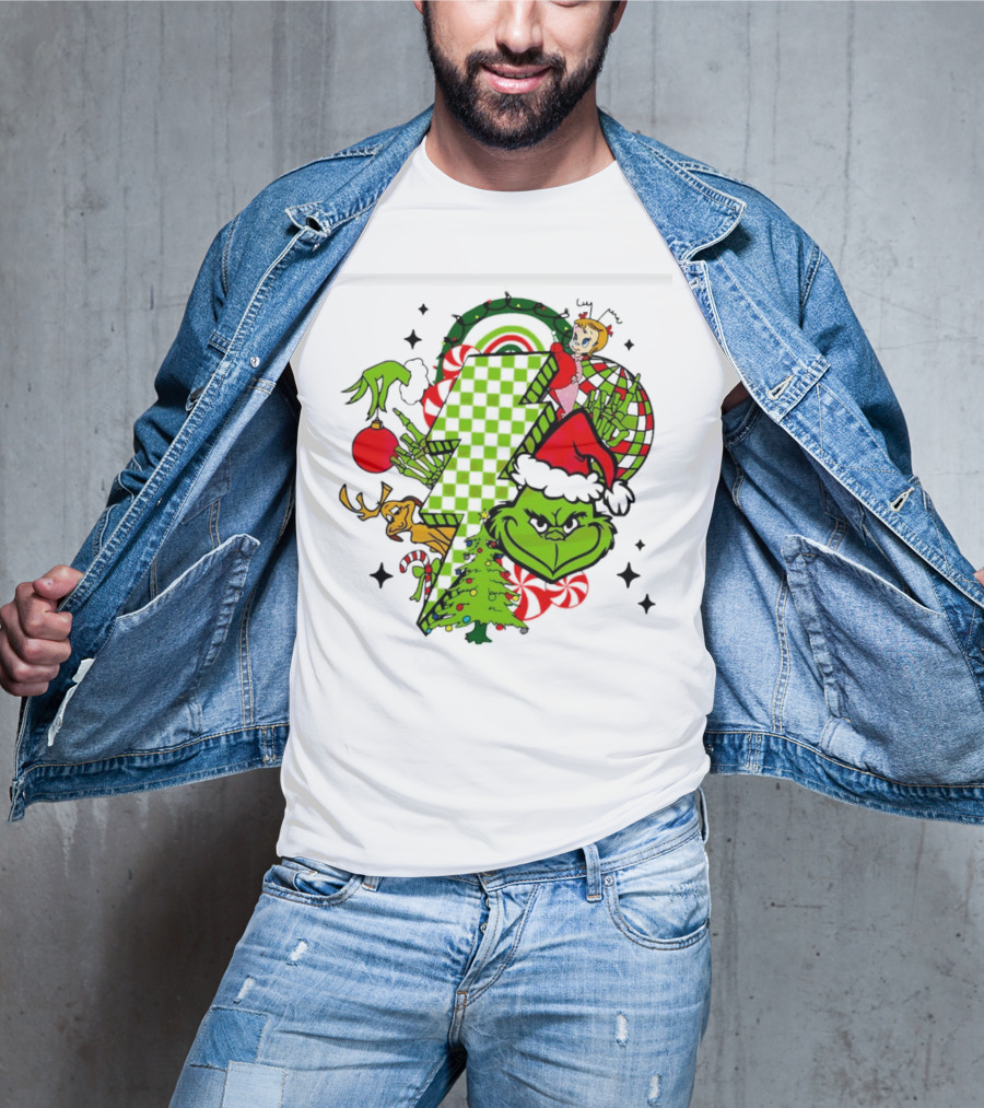 Grinch Christmas Checkered Lightning Bolt With Friends And Festive Decorations T-Shirt