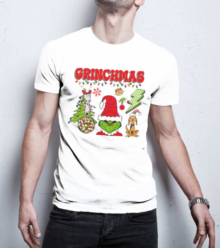Grinch Grinchmas Red Hat Christmas Tree Max Dog Lightning Bolt Ornaments T-Shirt