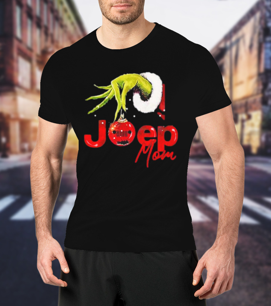 Grinch Hand With Santa Hat Holding Christmas Ornament Jeep Mom T-Shirt