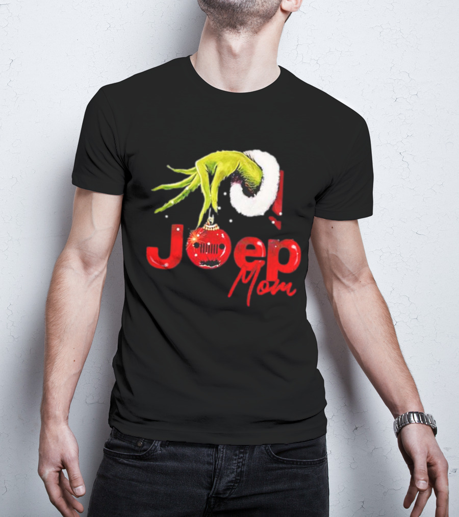 Grinch Hand With Santa Hat Holding Christmas Ornament Jeep Mom T-Shirt