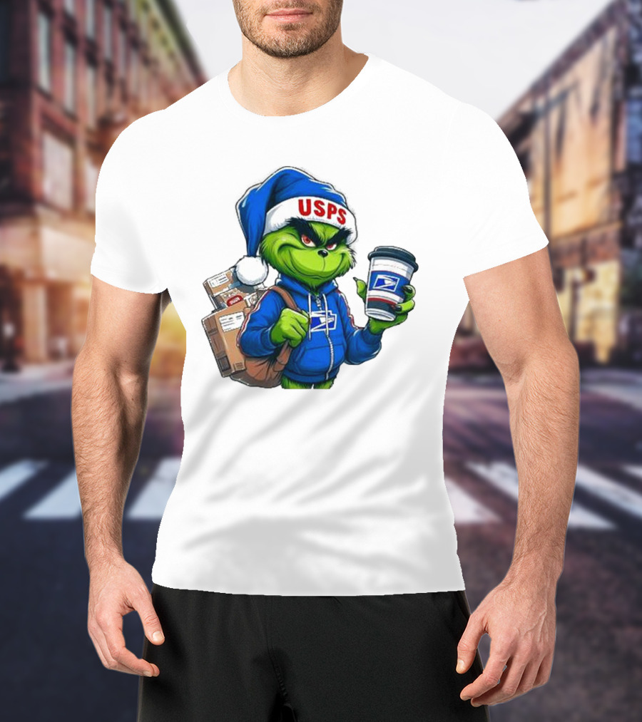 USPS Grinch Merry Christmas Delivery With Packages And Coffee T-Shirt