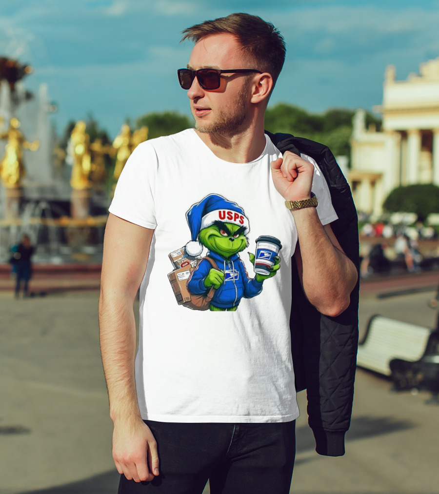 USPS Grinch Merry Christmas Delivery With Packages And Coffee T-Shirt
