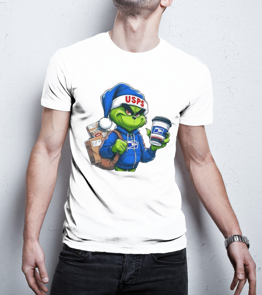 USPS Grinch Merry Christmas Delivery With Packages And Coffee T-Shirt