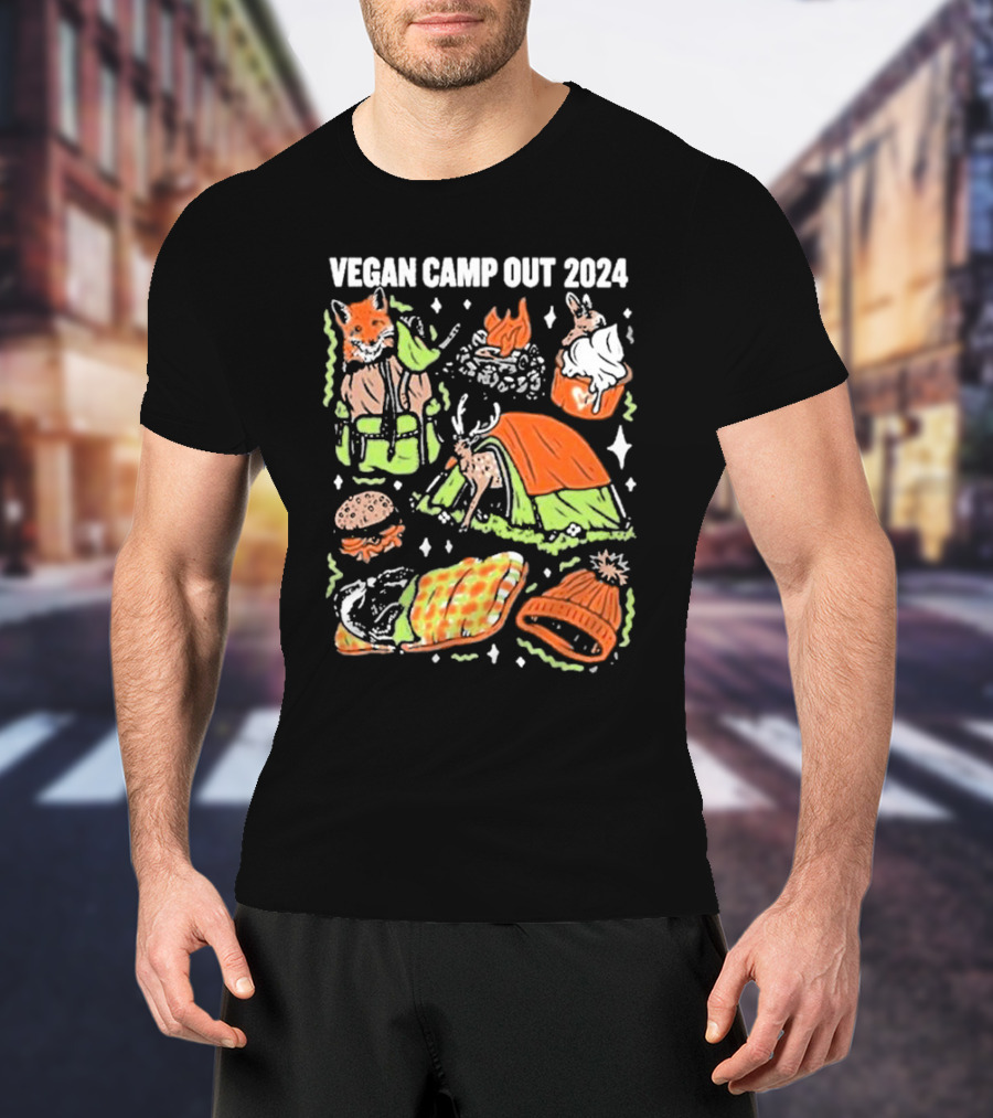 Vegan Camp Out 2024 Fox Rabbit Campfire Tent Blanket Beanie BBQ Burger T-Shirt