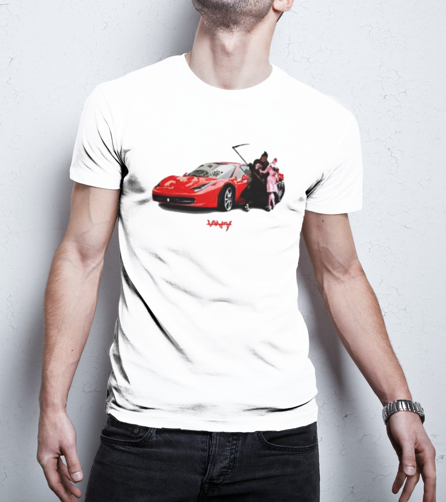 Club Scared Of Love Red Sports Car And Grim Reaper With Pink Figure T-Shirt