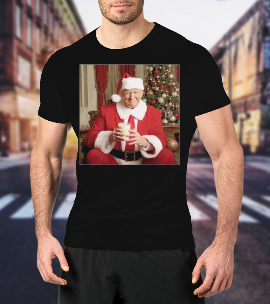 Santa Donald Trump Claus Christmas Drinking Milk By Festive Tree T-Shirt