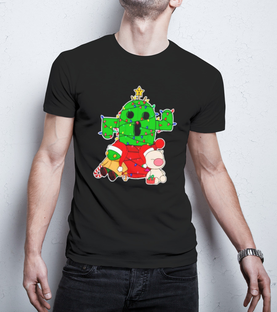 Christmas Moogle Cactuar Wrapped In Lights Star Topped Festive Scene T-Shirt