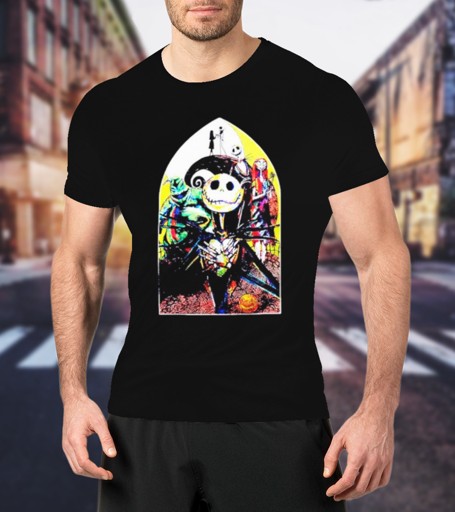 Jack Skellington And Friends Stained Glass Style Scene From The Nightmare Before Christmas T-Shirt