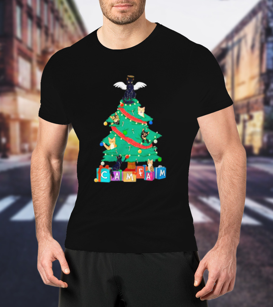 Cam Fam Christmas Tree With Cats And Holiday Blocks T-Shirt