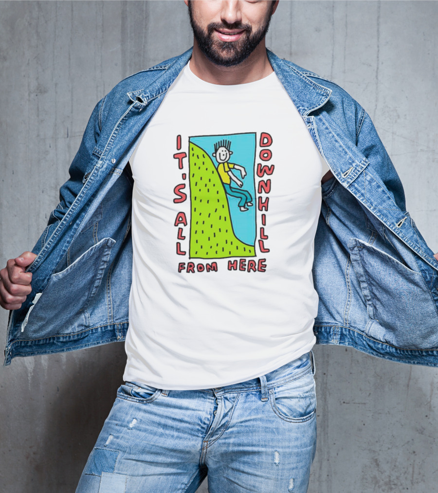 IT'S ALL DOWNHILL FROM HERE Cartoon Character Sliding Down Green Hill T-Shirt