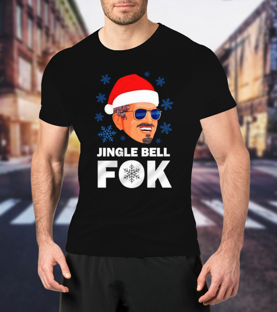 Jingle Bell Fok Santa Christmas Snowflakes Santa Hat Blue Sunglasses T-Shirt