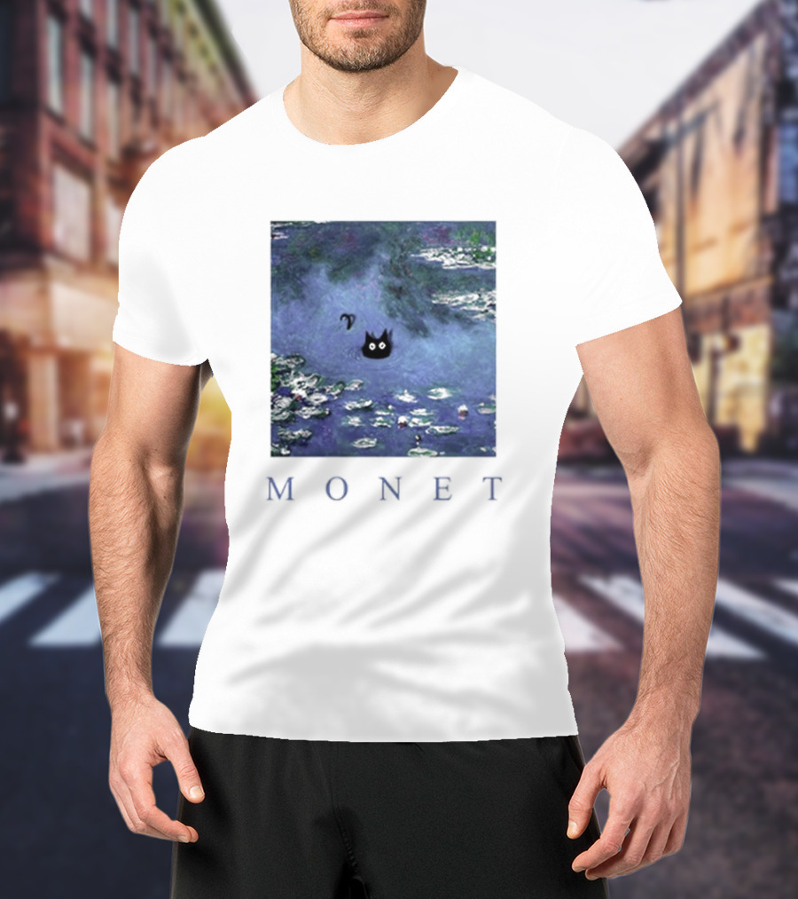 Monet Waterlily Black Cat In Pond With Monet Text T-Shirt